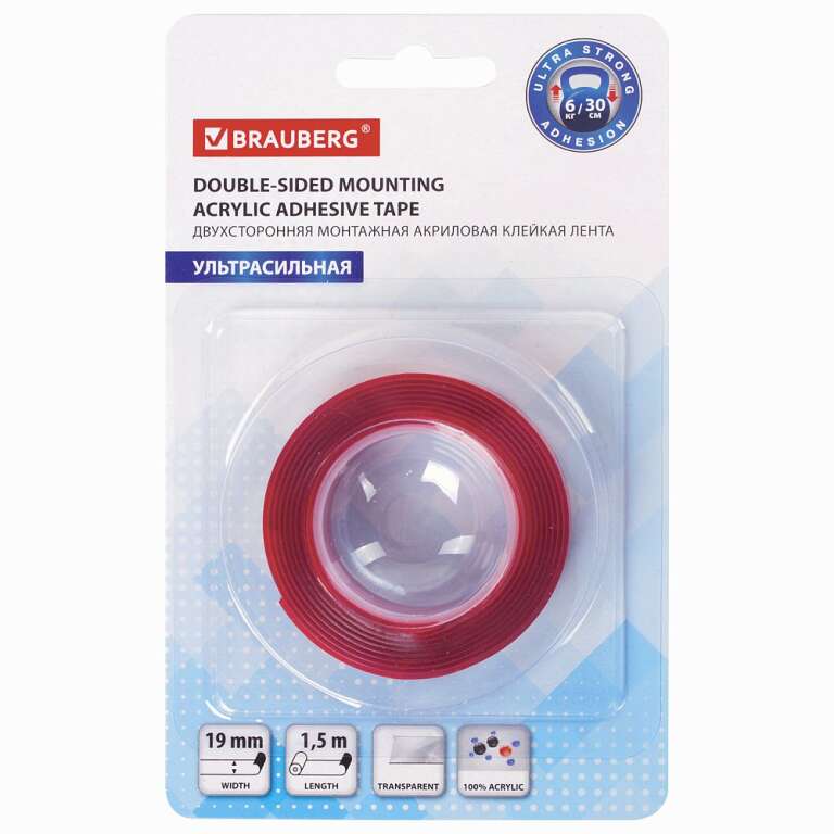 Лента монтажная прозрачная,двухсторонняя 19мм*1,5м,акриловая ,арт.606423