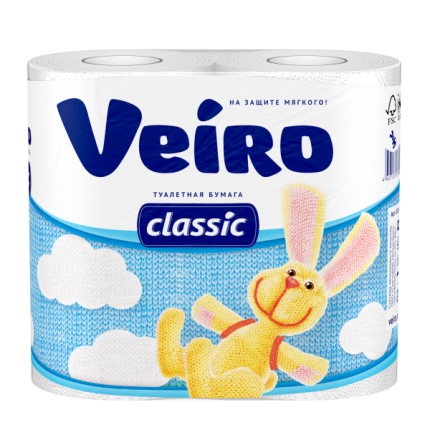 Бумага туалетная "VEIRO Classic" 2-х слойная, 4шт, (4*17.5м), белая, арт. 90988