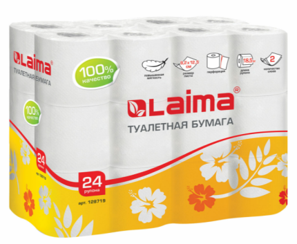 Бумага туалетная бытовая, спайка 24 шт., 2-х слойная, (24×18,5 м), LAIMA, белая, 128719