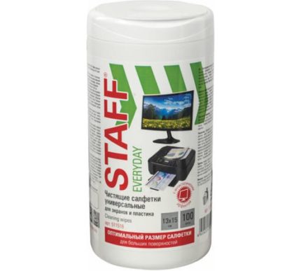 Салфетки для экранов всех типов и пластика STAFF "EVERYDAY", 13х15 см, туба 100 шт. 511518