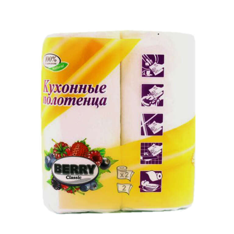 Полотенце бумажное рулонное, 2х слойное 2 шт ,BERRY
