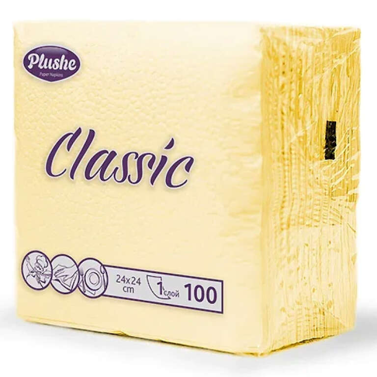 Салфетки бумажные PLUSHE Classic пастель, желтый, 1 слой, 24*24 см, 100 штук