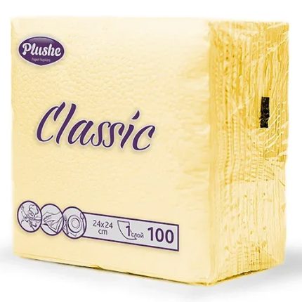 Салфетки бумажные PLUSHE Classic пастель, желтый, 1 слой, 24*24 см, 100 штук