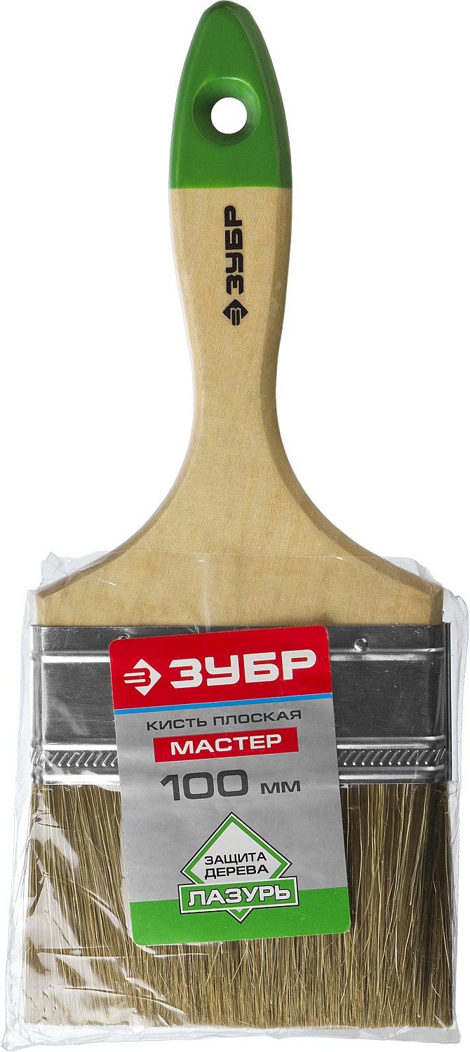 Кисть плоская ЗУБР ЛАЗУРЬ, 100 мм, светлая смешанная щетина, деревянная ручка