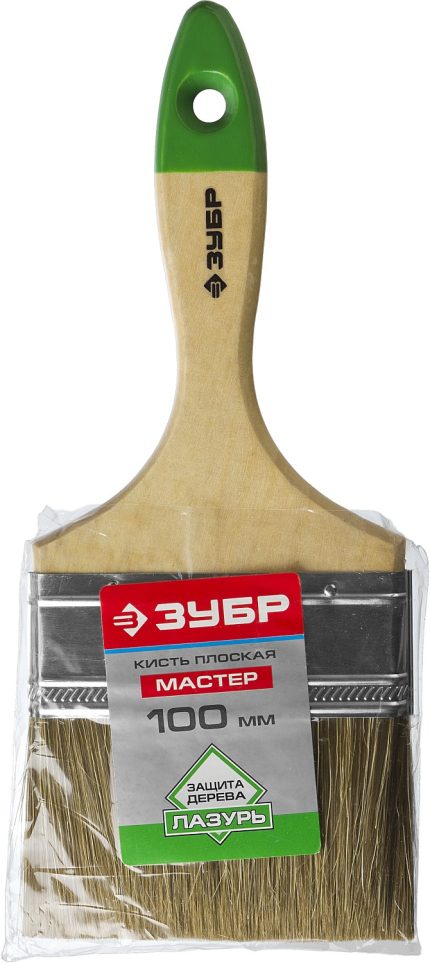 Кисть плоская ЗУБР ЛАЗУРЬ, 100 мм, светлая смешанная щетина, деревянная ручка