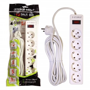 Сетевой фильтр ПВС 3х0.75 5роз. 5м 10А БЕЛЫЙ, земля, выкл. SALE 901419